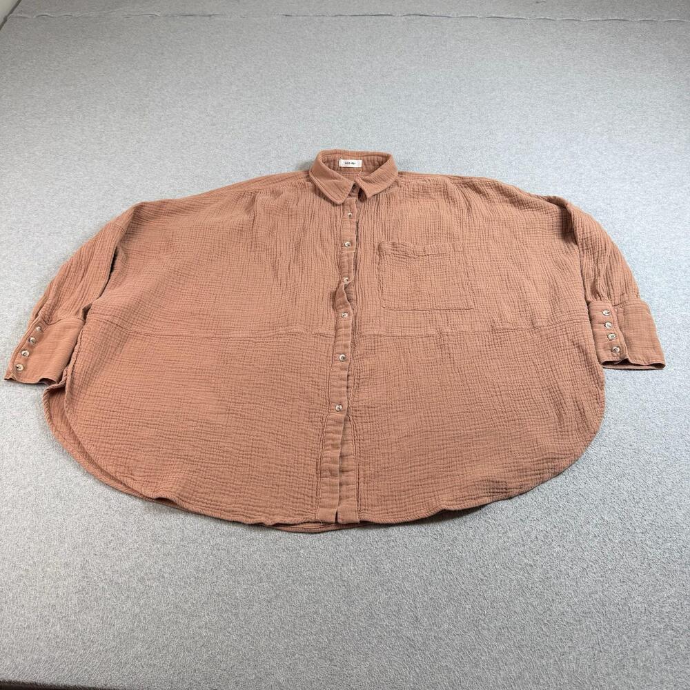 MOD REF Shirt Womens XL Brown Gauze Button Shacket Coastal Boho Side Slit Boxy